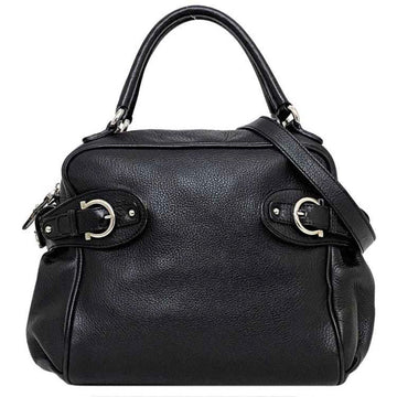 SALVATORE FERRAGAMO Tote Bag Black Silver Gancini BW-21 7378 Leather Handbag Ladies