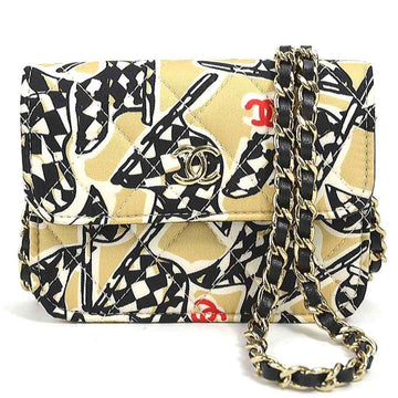 CHANEL Crossbody Shoulder Bag Mini Matelasse Canvas/Leather Beige/Black/Red Gold Women's