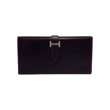 HERMES Bean Calf Leather Genuine Bifold Wallet Long Purple 30260