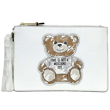 MOSCHINO Couture Clutch Bag White Brown 2A 8444 8210 2001 Leather  COUTURE! Printed Bear THIS IS NOT TOY Handbag Unisex