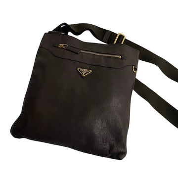 PRADA Triangle Metal Fittings Vitello Leather Shoulder Bag Sacoche Pochette Brown 06257