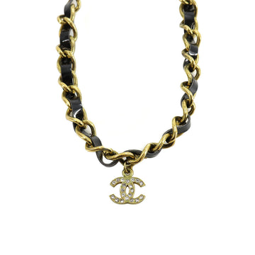 Chanel chain choker necklace here mark rhinestone enamel black gold 95P vintage accessories Choker