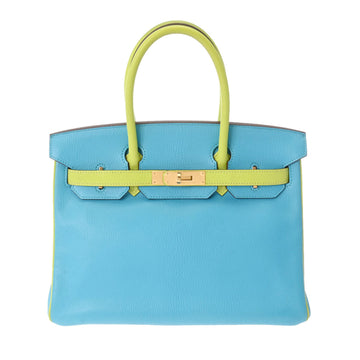 HERMES Birkin 30 Personal Order Turquoise/Kiwi - P Engraved [around 2012] Ladies Chevre Handbag