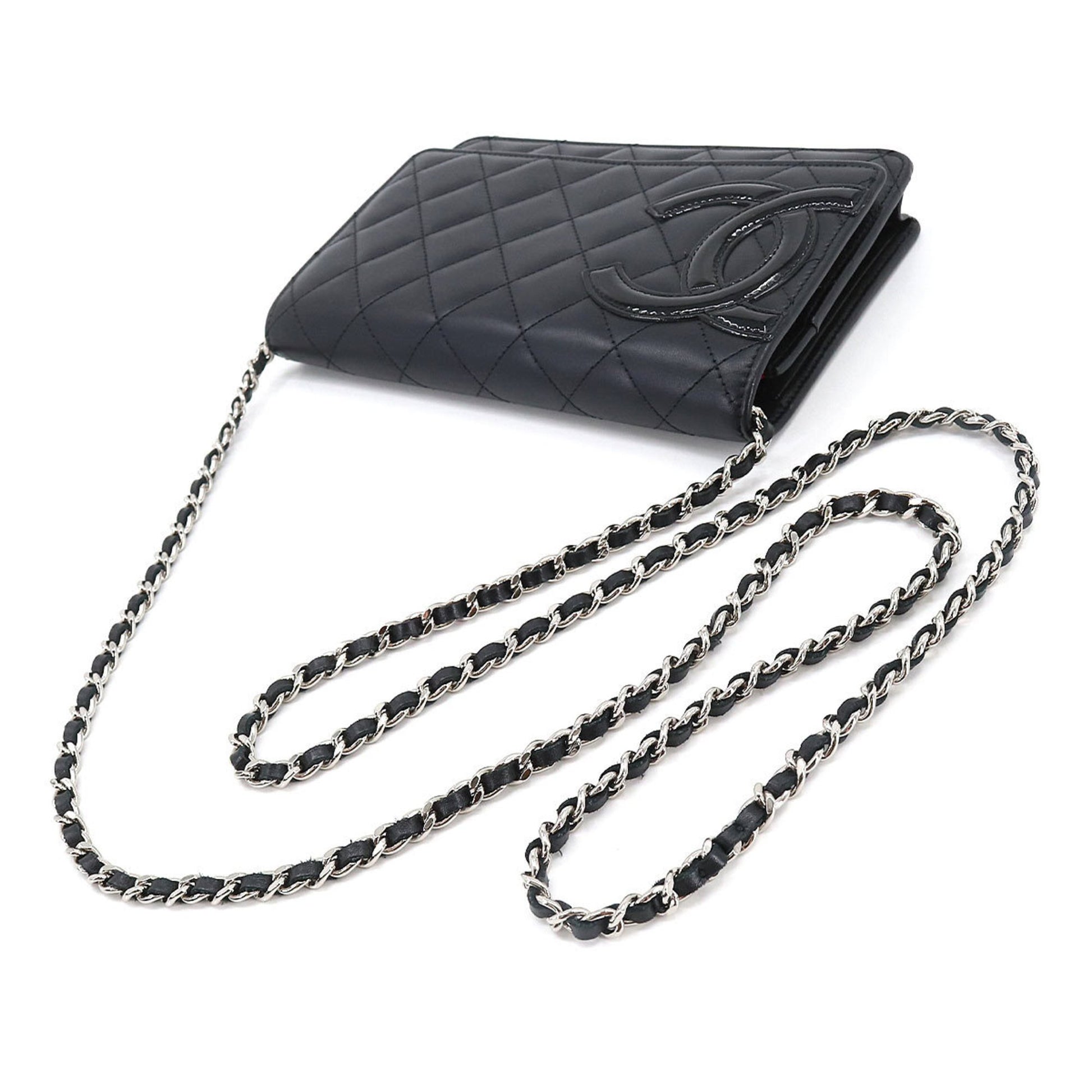 CHANEL cambon line chain wallet folio long leather enamel black A46646