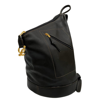 LOEWE Vintage Anagram Logo Leather Genuine Rucksack Backpack Knapsack Black