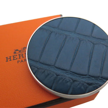 HERMES brooch metal/leather matte silver x navy blue unisex