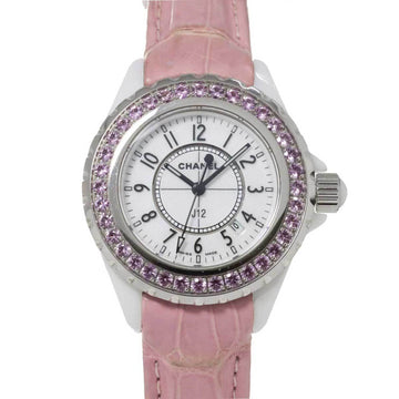 CHANEL J12 33mm H1336 Ladies Watch Pink Sapphire Date White Ceramic Quartz