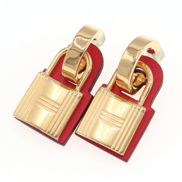 Hermes Earrings O'Kelly Gold Rouge Swift D Engraved Red Women's HERMES