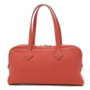 HERMES Women's Taurillon Clemence Leather Boston Bag,Handbag Orange Red,Sanguine