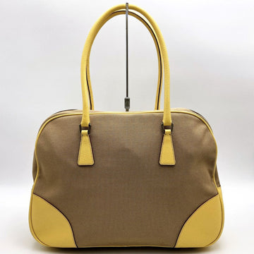 PRADA Tote Bag Shoulder Bowling Beige x Yellow Canvas Leather Ladies Fashion BL0071