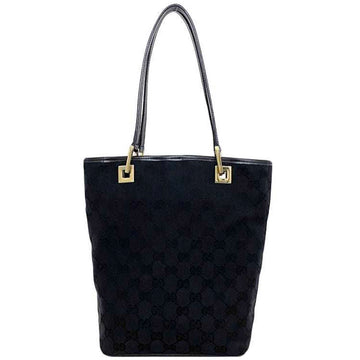 GUCCI Tote Bag Black Gold GG 002-1099 Bucket Canvas Leather  Handbag Ladies