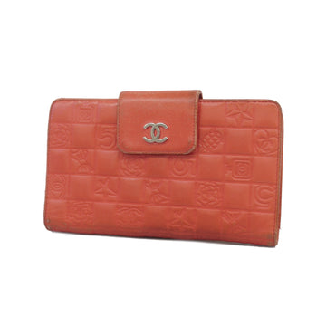 Chanel bi-fold long wallet icon lambskin coral pink silver metal