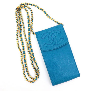 Chanel Vintage Caviar Skin Chain Smartphone Case Coco Mark Women's Blue Mobile Pouch 3rd Series Made in 1995 CHANEL