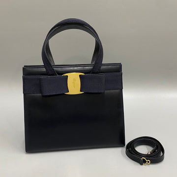 SALVATORE FERRAGAMO Vara Ribbon Calf Leather 2way Handbag Shoulder Bag Navy 17514