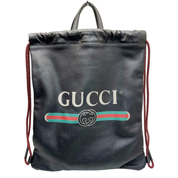 Gucci Printed Leather Drawstring Backpack Black 516639 with Pouch Men's