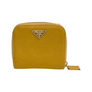 PRADA Triangle Logo Metal Fittings Saffiano Leather Genuine Round Zip Bifold Wallet Mini Beige