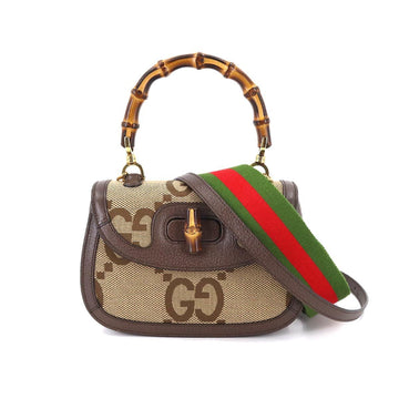 Gucci Bamboo 1947 Small Jumbo GG Hand Shoulder Bag Canvas Leather Camel Ebony 675797