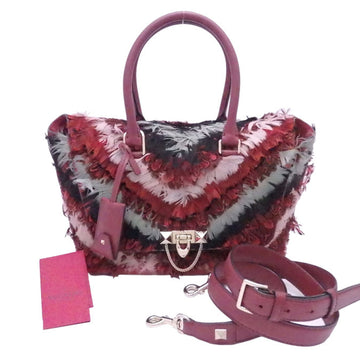 VALENTINO 2Way Bag Burgundy x Multicolor Feather Leather Handbag Shoulder Ladies