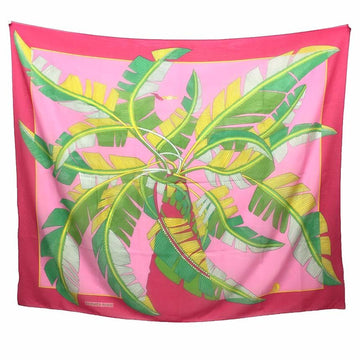 HERMES scarf muffler stole shawl pareo palm tree leaf long cotton 100% pink bed cover sofa multi