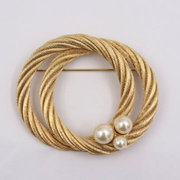 CHRISTIAN DIOR Pin Brooch Metal Gold Faux Pearl Rope
