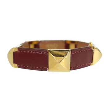 HERMES Medor Studs Bracelet Leather Red Gold 〇V Engraved Metal Fittings Vintage