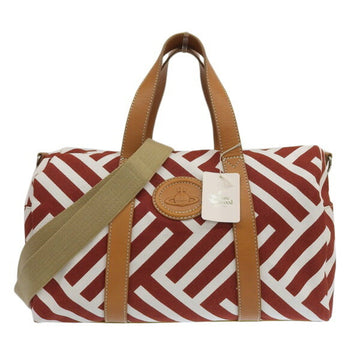 VIVIENNE WESTWOOD Canvas Leather STRIPES Handbag Boston Bag Red Ladies