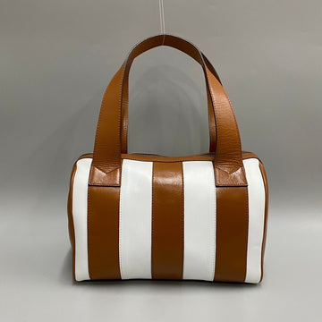 CELINE Vintage Logo Hardware Striped Leather Handbag Mini Boston Bag Brown White 27915
