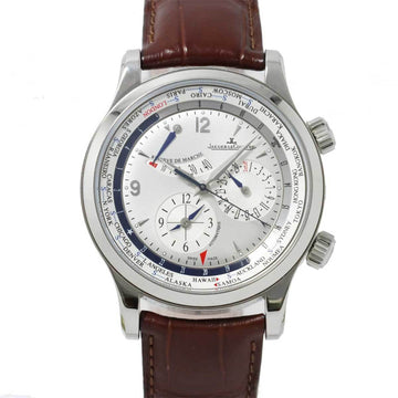 JAEGER LECOULTRE Master World Geographic 146 8 32 S Men's Watch GMT Date Silver Dial Back Skeleton Automatic