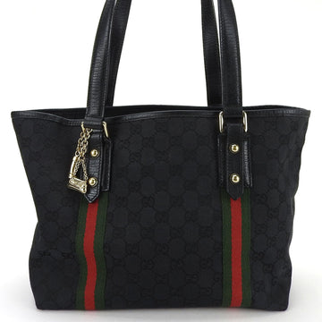 GUCCI tote bag 137396 GG canvas Sherry line black leather ladies