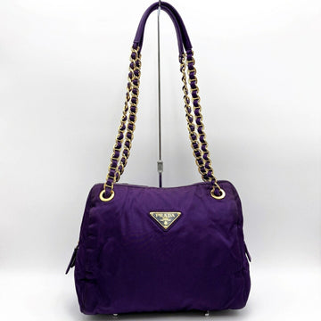 PRADA Shoulder Bag Nylon Chain Logo Plate Purple Gold Women's Fashion