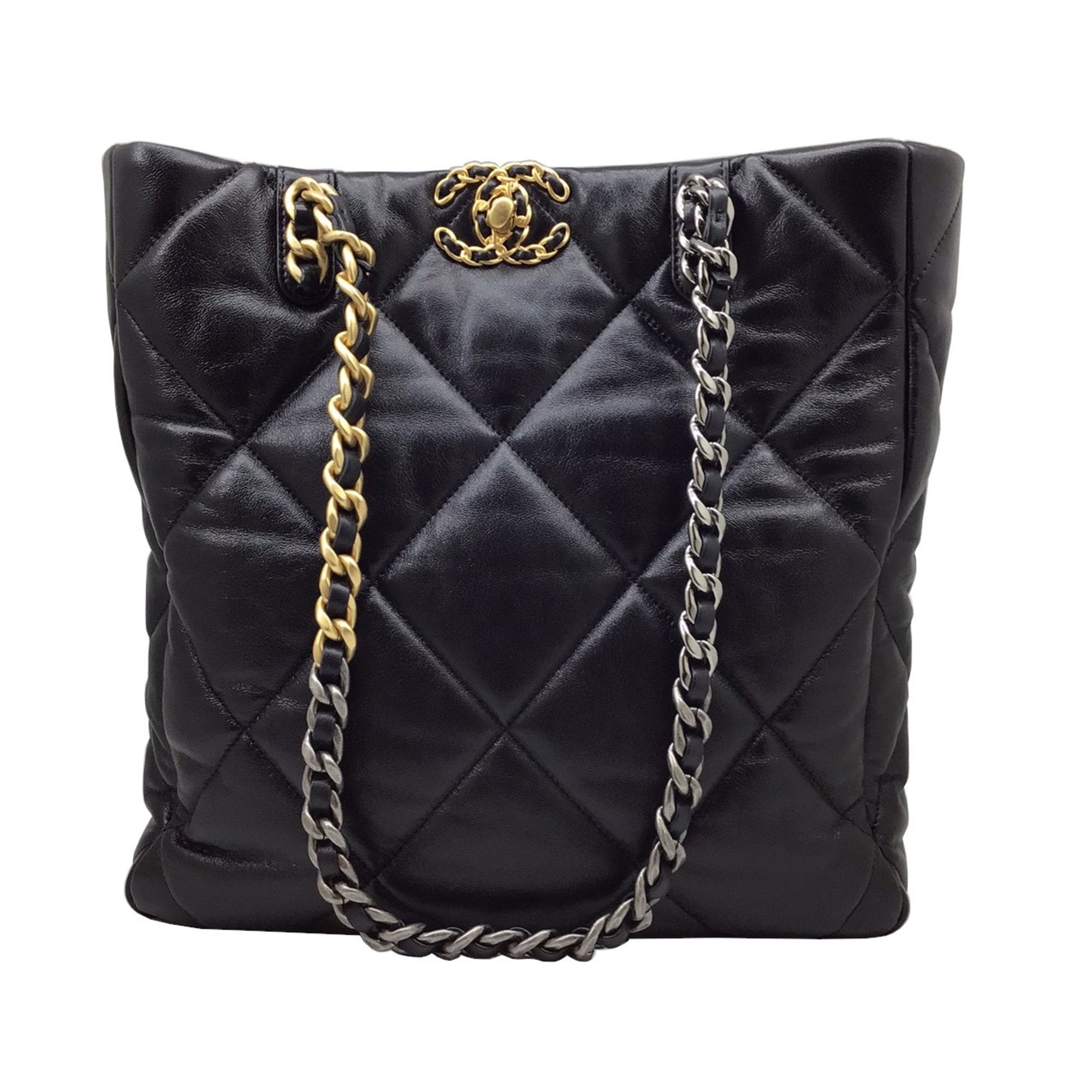 CHANEL Lamb Skin Leather Chocolate bar Black Handbag Tote bag #2493 Rise-on