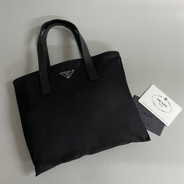 PRADA Triangle Logo Metal Fittings Leather Genuine Nylon Mini Handbag Tote Bag Eco Black