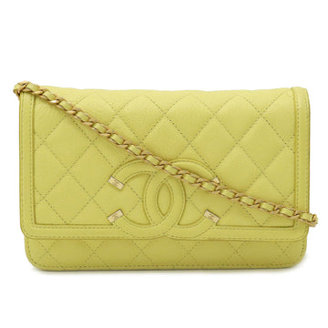 CHANEL CC Filigree Chain Wallet Shoulder Bag Pochette Caviar Skin Leather Yellow A84451
