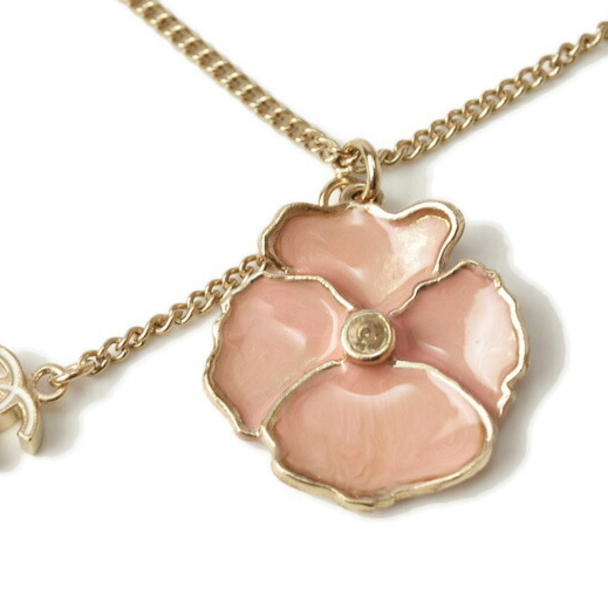 Authentic CHANEL Camellia Flower Coco CC Logo Pink Beige Pendant Necklace