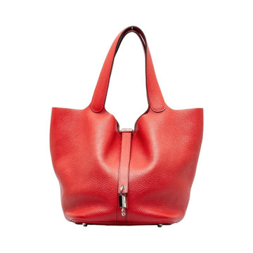 HERMES-Canvas-Leather-Garden-Party-MM-Tote-Bag-O-Engraved-Red-F/S