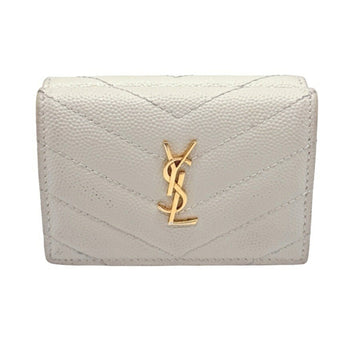 SAINT LAURENT Trifold Wallet Compact Leather Ivory Gold Ladies