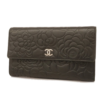 CHANELAuth  Camellia With Silver Metal Fittings Lambskin Long Wallet Black