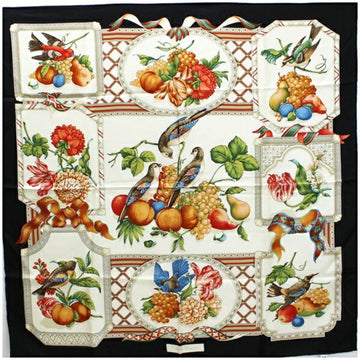 SALVATORE FERRAGAMO silk scarf muffler off-white x black bird/fruit pattern  ladies