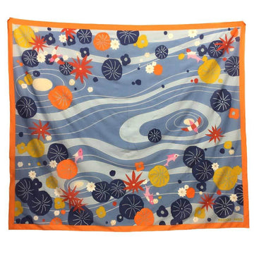 HERMES pareo PAREO CANOTAGE MOUSSELINE water surface leaf fish lotus cotton 100% orange x blue bed cover sofa multi