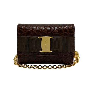 SALVATORE FERRAGAMO Vara Ribbon Hardware Leather Genuine Chain Mini Shoulder Bag Pochette Brown
