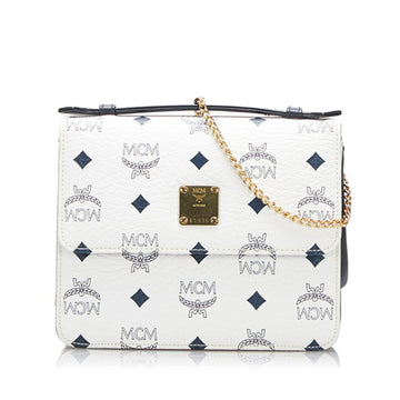 MCM Visetos Glam Handbag Chain Shoulder Bag White Navy PVC Leather Ladies