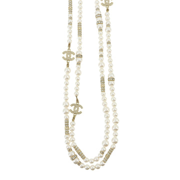 CHANEL Cocomark Long Necklace Fake Pearl Rhinestone Gold White B20A Accessories