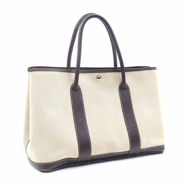 Hermes Garden MM Tote Bag Women's Beige Brown Toile Ash Leather H Engraved Around 2004 HERMES Hand