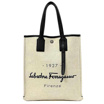 SALVATORE FERRAGAMO Tote Bag Beige Black Natural 240797 Cotton Canvas Leather Ladies