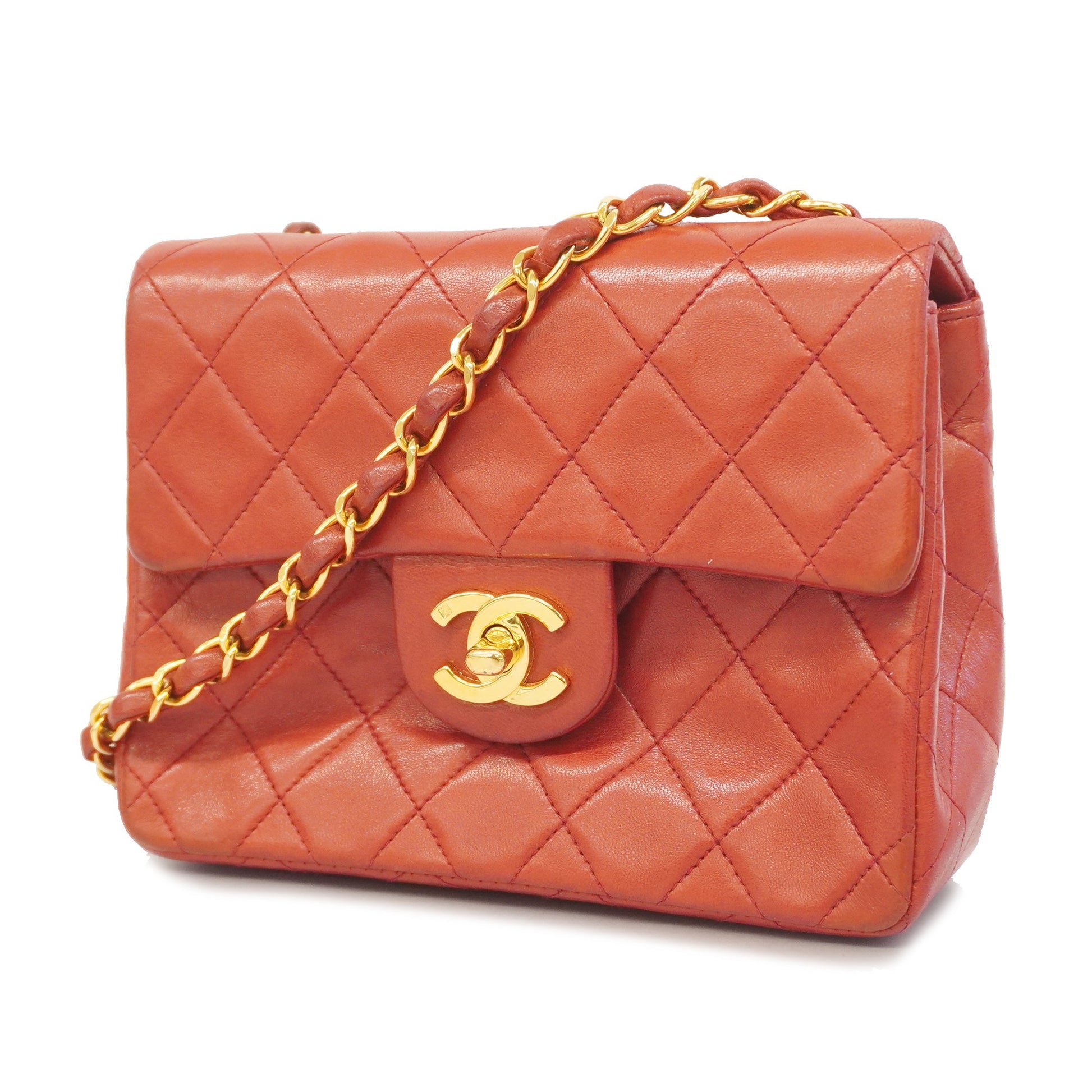 Chanel Shoulder Bag Mini Matelasse Single Chain Lambskin Red Gold meta