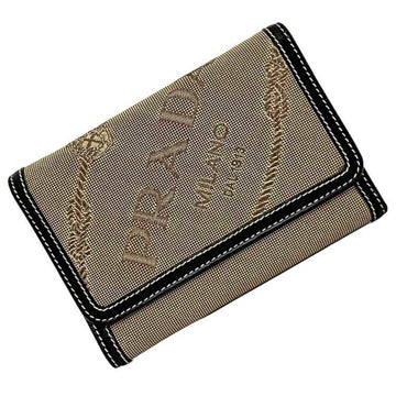 PRADA tri-fold wallet beige black corda bull chart 1M0510 jacquard canvas leather  fold embroidery compact ladies