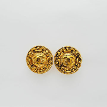 CHANEL 97P Vintage Round Coco Earrings Gold Chain Pattern