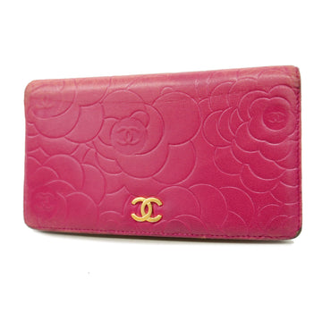 CHANELAuth  Camellia Bi-fold Long Wallet Gold Metal Fittings Lambskin Pink