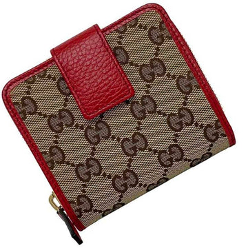 GUCCI Bifold Wallet Beige Red GG 346056 Canvas Leather  Compact Zip Round Ladies