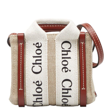 CHLOE  Woody Nano Tote Handbag Beige Brown Canvas Leather Ladies